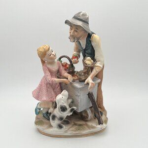 Vintage Norleans Old Man Dog Girl Apple Cart Japan Bisque Porcelain Art Figurine